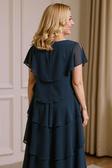 Dreamyannie Navy A Line Boat Neck Tiered Tea Length Mother Of The Bride Dress