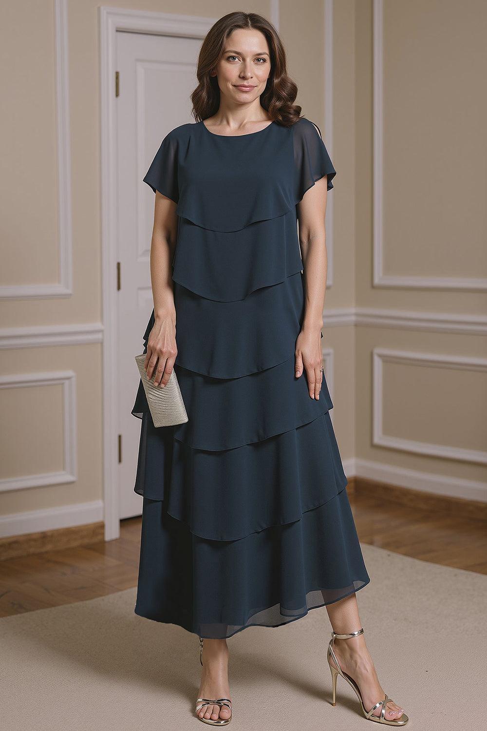 Dreamyannie Navy A Line Boat Neck Tiered Tea Length Mother Of The Bride Dress