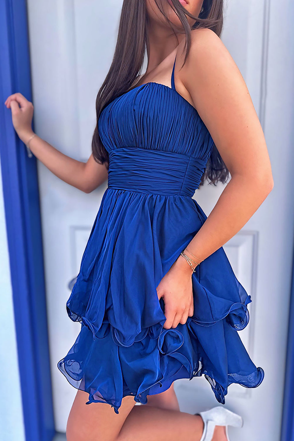 Dreamyannie Navy A Line Homecoming Dresses Spaghetti Straps Short Cocktail Dresses With Ruffles