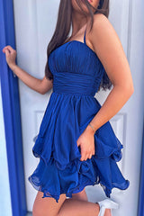 Dreamyannie Navy A Line Homecoming Dresses Spaghetti Straps Short Cocktail Dresses With Ruffles