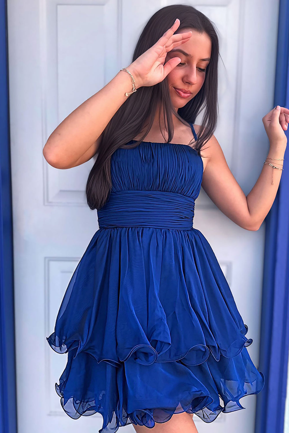 Dreamyannie Navy A Line Homecoming Dresses Spaghetti Straps Short Cocktail Dresses With Ruffles