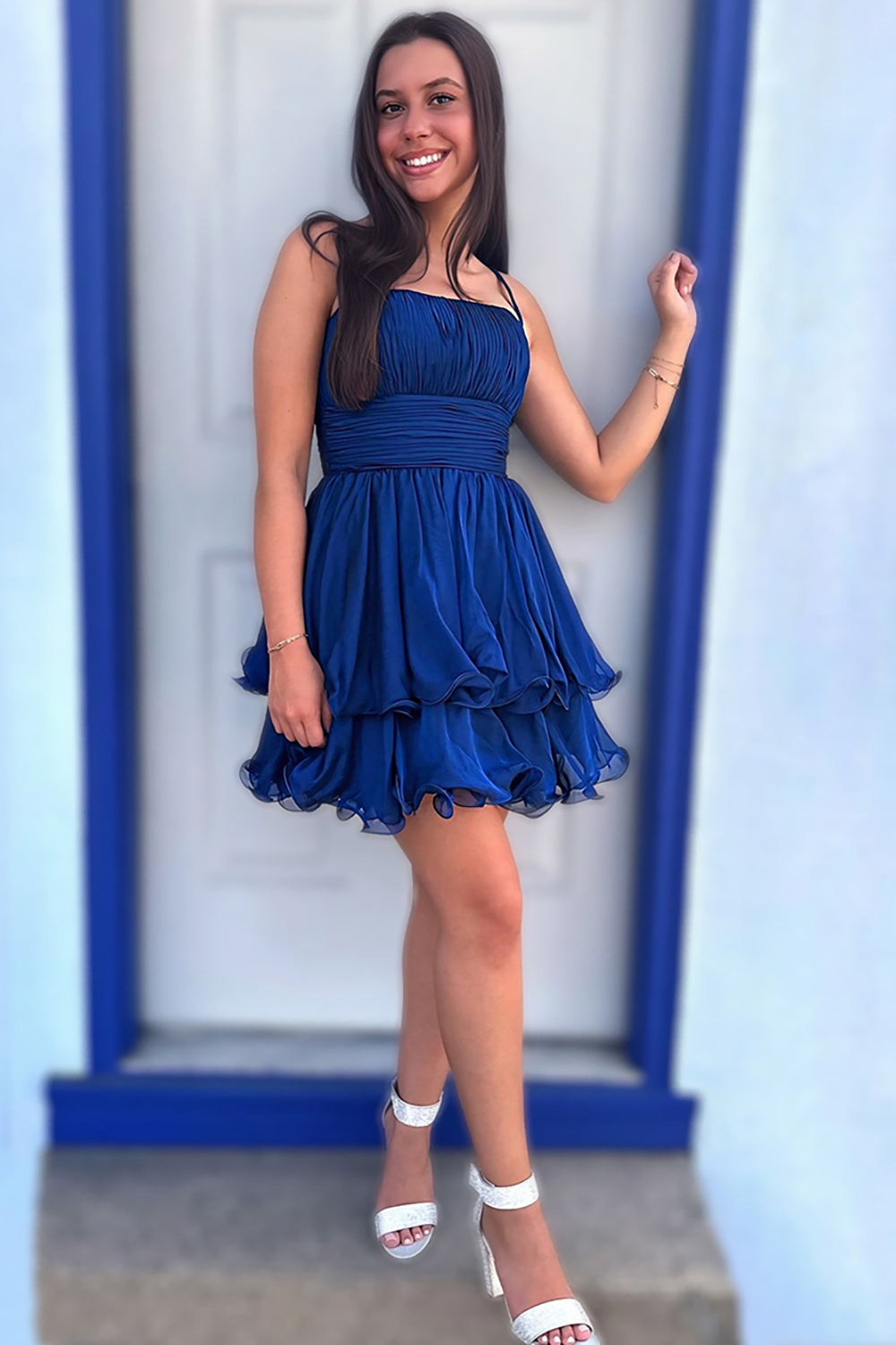 Dreamyannie Navy A Line Homecoming Dresses Spaghetti Straps Short Cocktail Dresses With Ruffles