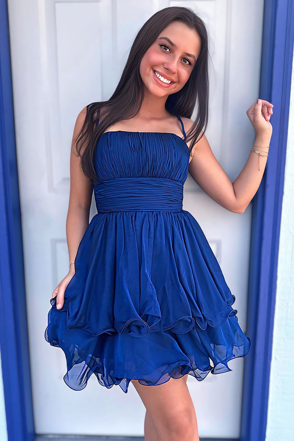 Dreamyannie Navy A Line Homecoming Dresses Spaghetti Straps Short Cocktail Dresses With Ruffles