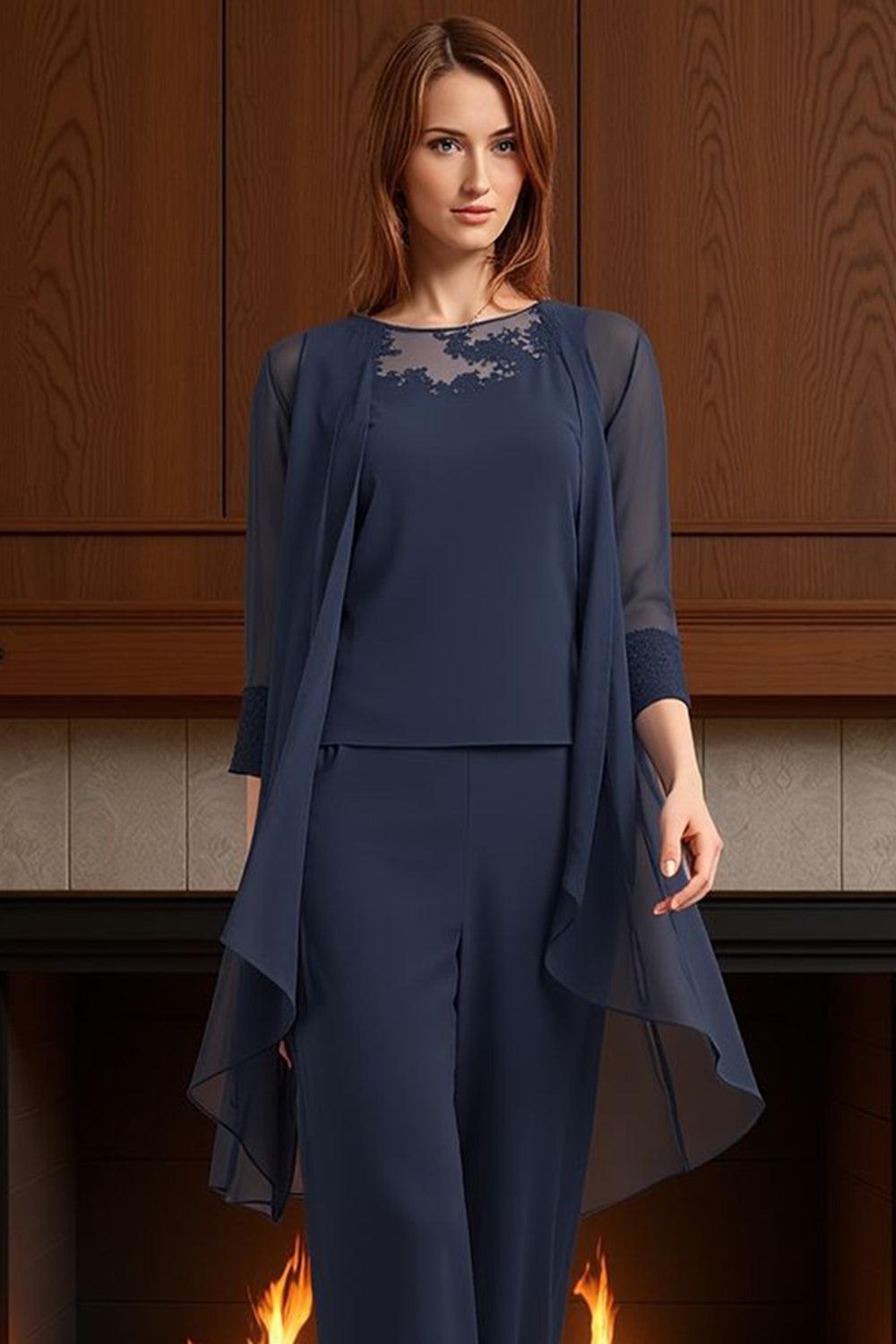 Dreamyannie Navy Boat Neck Chiffon 3 Piece Mother Of The Bride Pant Suits With Jacket