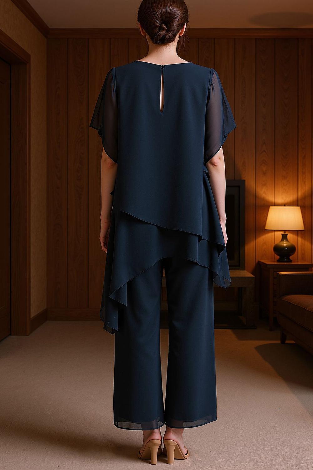 Dreamyannie Navy Chiffon Boat Neck 2 Piece Mother Of The Bride Pant Suits
