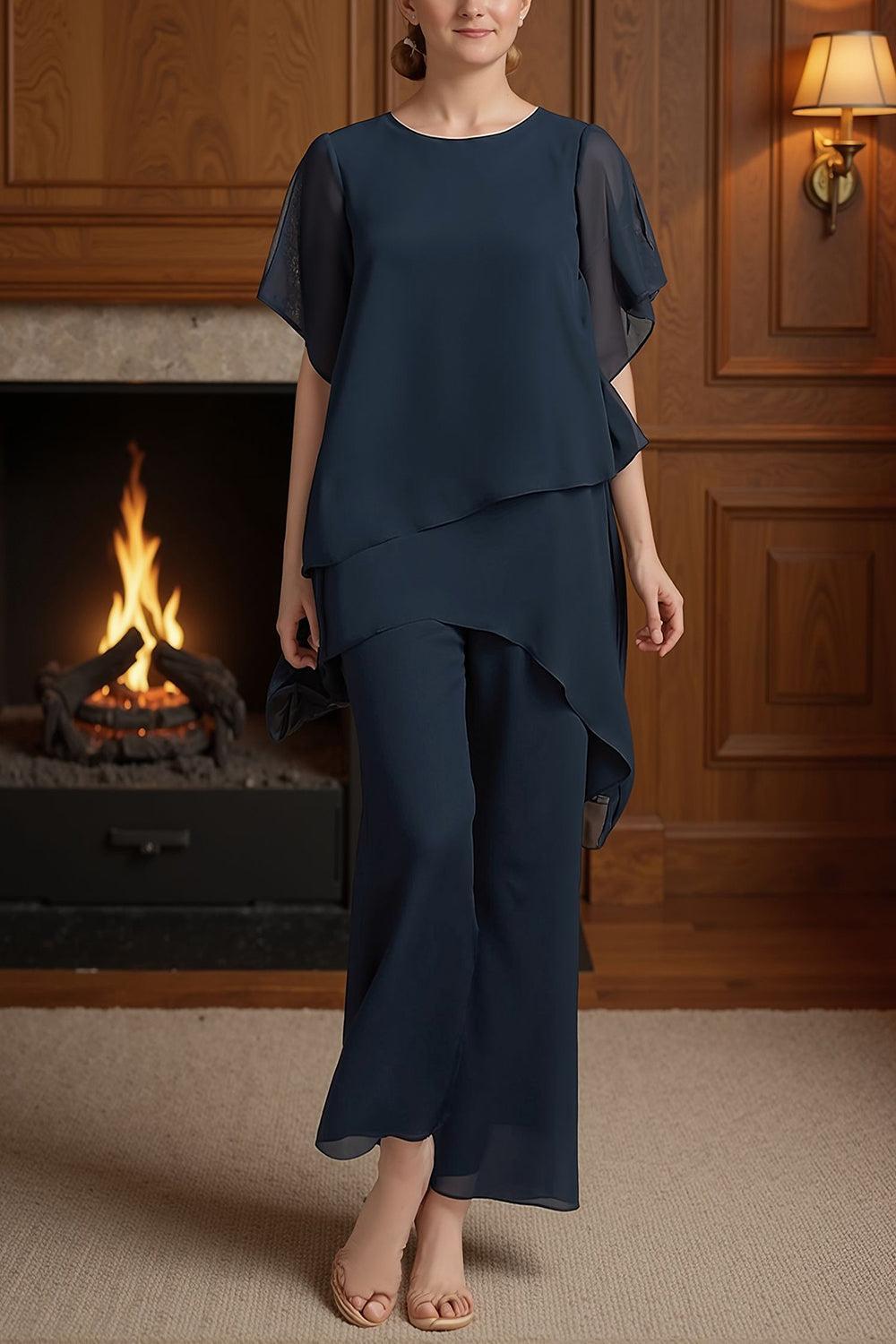 Dreamyannie Navy Chiffon Boat Neck 2 Piece Mother Of The Bride Pant Suits