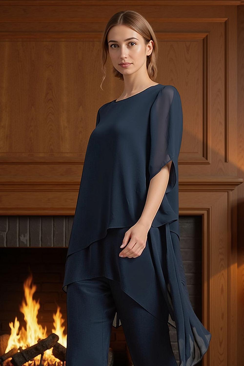 Dreamyannie Navy Chiffon Boat Neck 2 Piece Mother Of The Bride Pant Suits