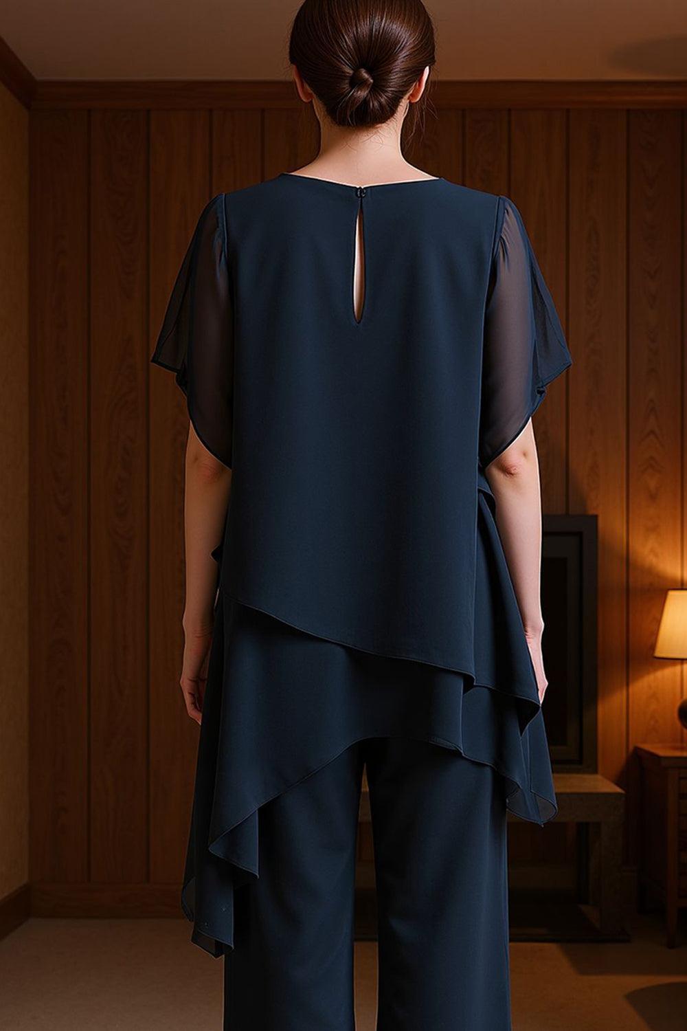 Dreamyannie Navy Chiffon Boat Neck 2 Piece Mother Of The Bride Pant Suits
