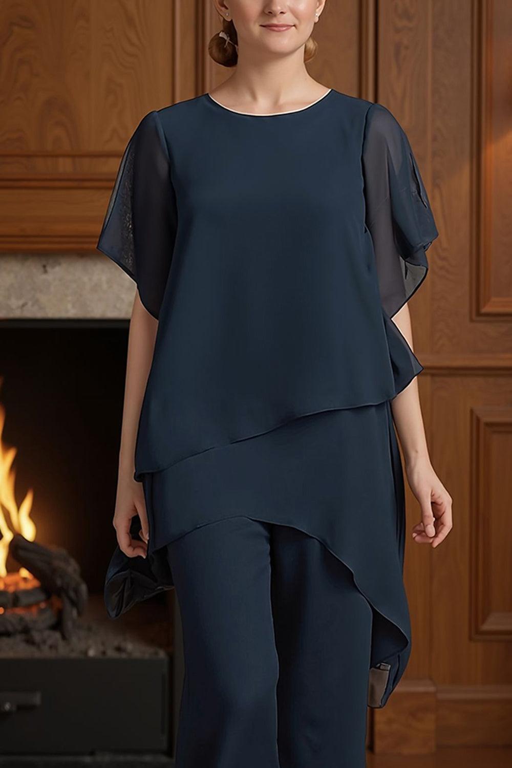 Dreamyannie Navy Chiffon Boat Neck 2 Piece Mother Of The Bride Pant Suits