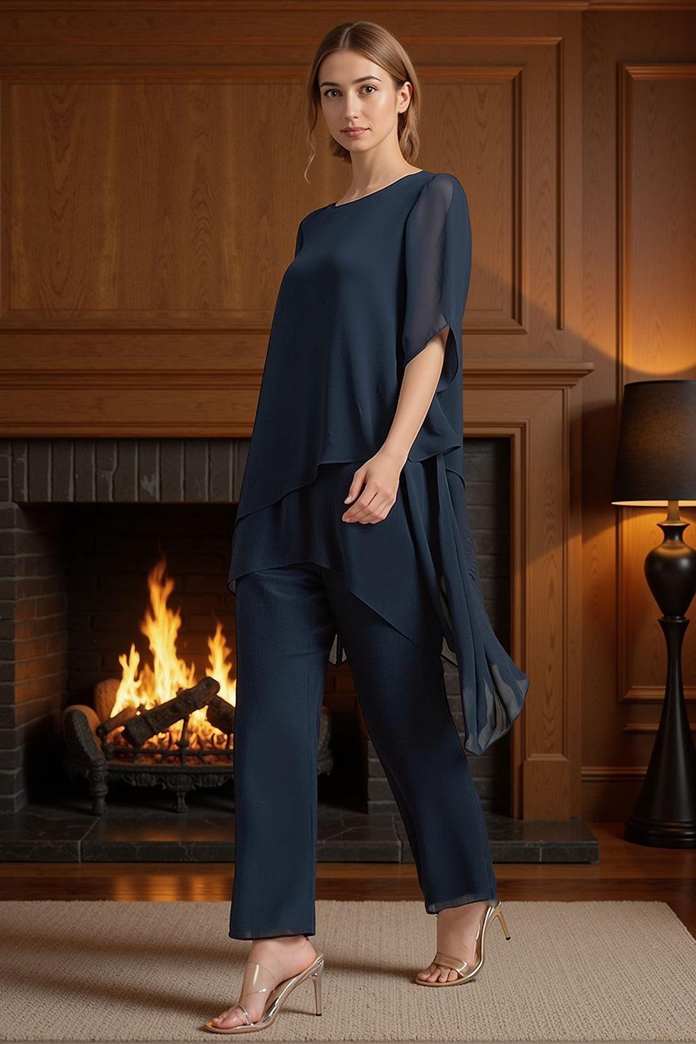 Dreamyannie Navy Chiffon Boat Neck 2 Piece Mother Of The Bride Pant Suits