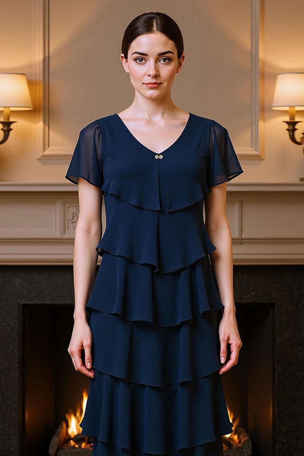 Dreamyannie Navy Chiffon Sheath Tiered Ruffled Ankle Length Mother Of The Bride Dress