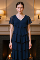 Dreamyannie Navy Chiffon Sheath Tiered Ruffled Ankle Length Mother Of The Bride Dress