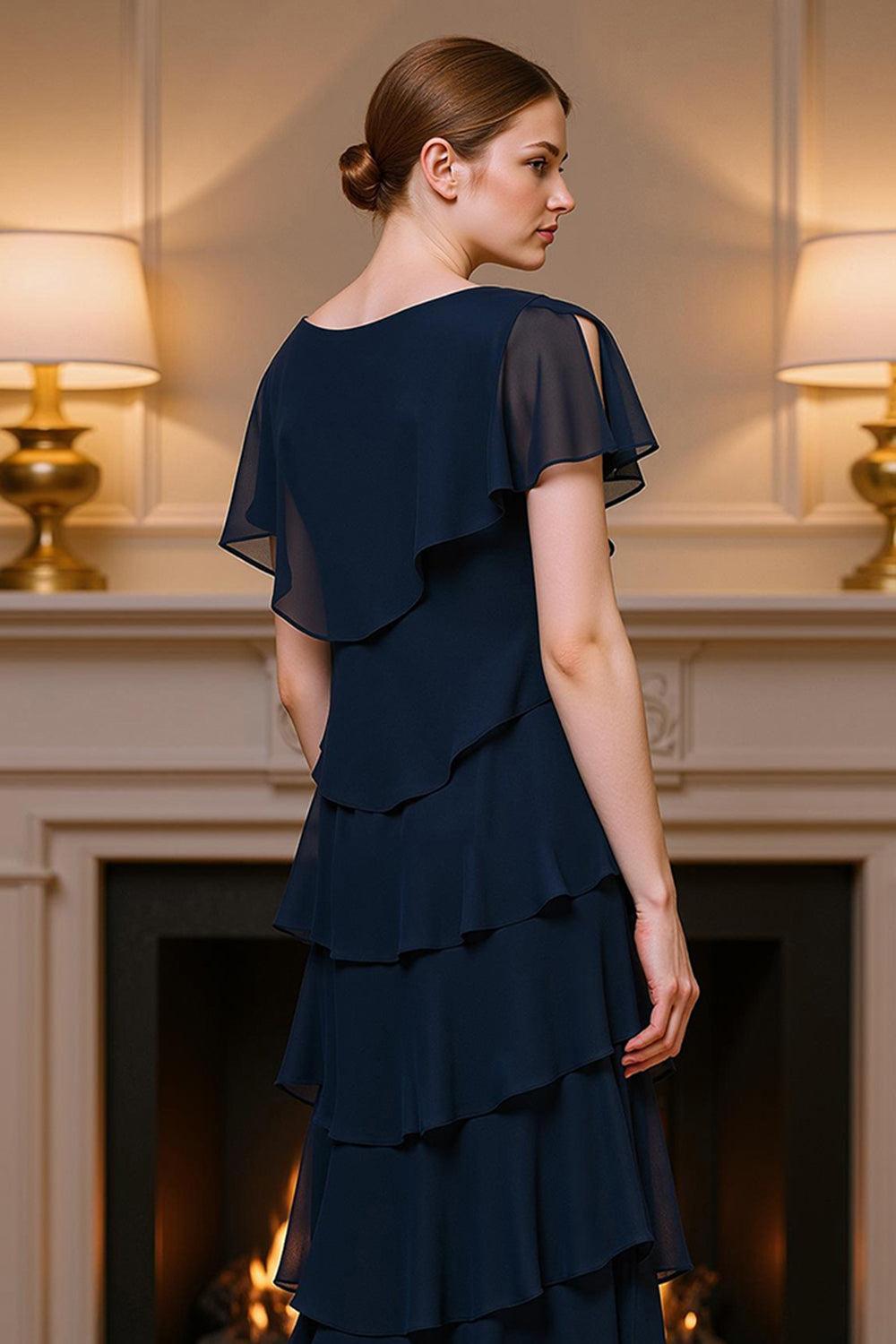 Dreamyannie Navy Chiffon Sheath Tiered Ruffled Ankle Length Mother Of The Bride Dress
