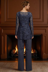Dreamyannie Navy Lace Boat Neck 2 Piece Mother Of The Bride Pant Suits