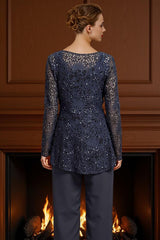 Dreamyannie Navy Lace Boat Neck 2 Piece Mother Of The Bride Pant Suits