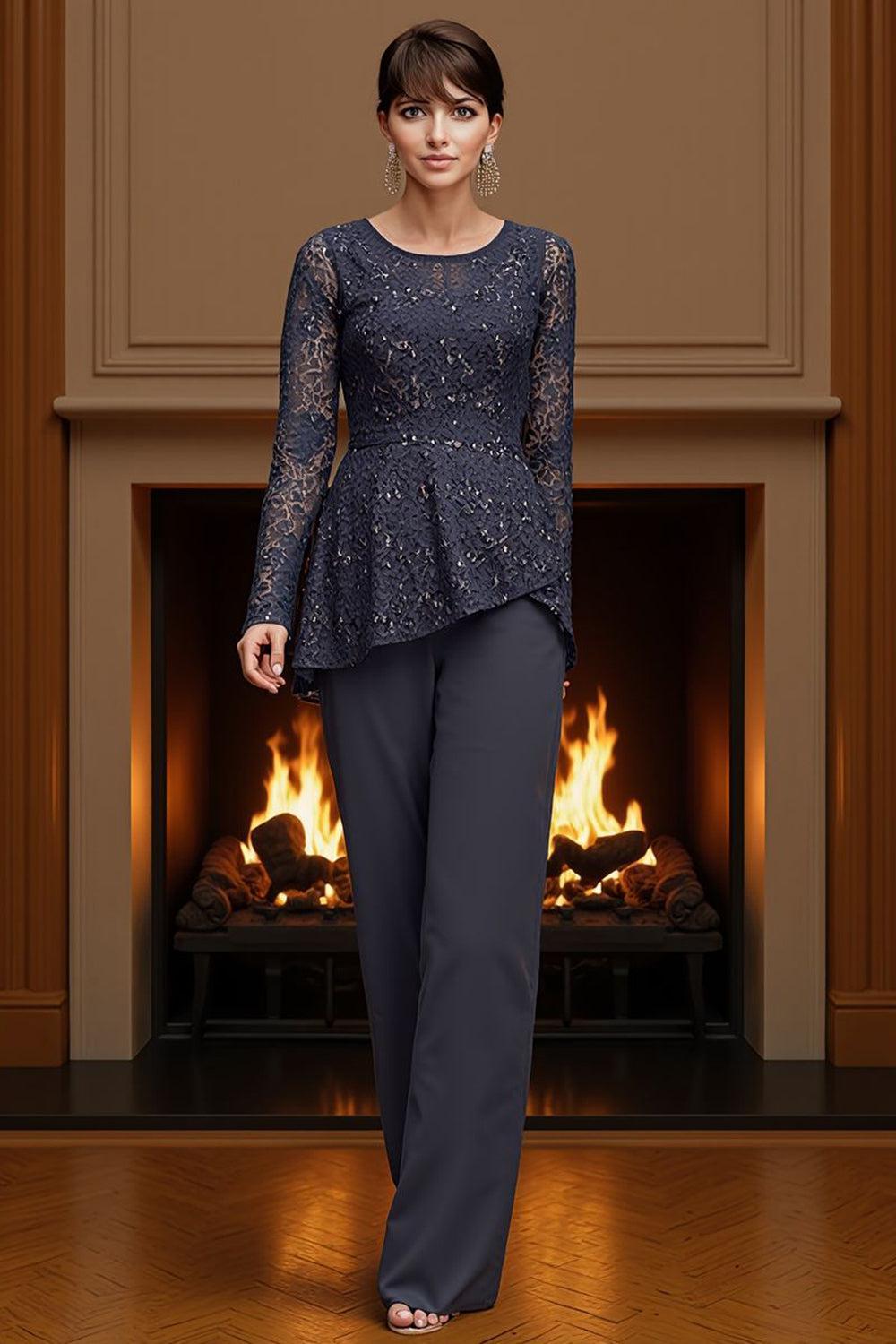 Dreamyannie Navy Lace Boat Neck 2 Piece Mother Of The Bride Pant Suits