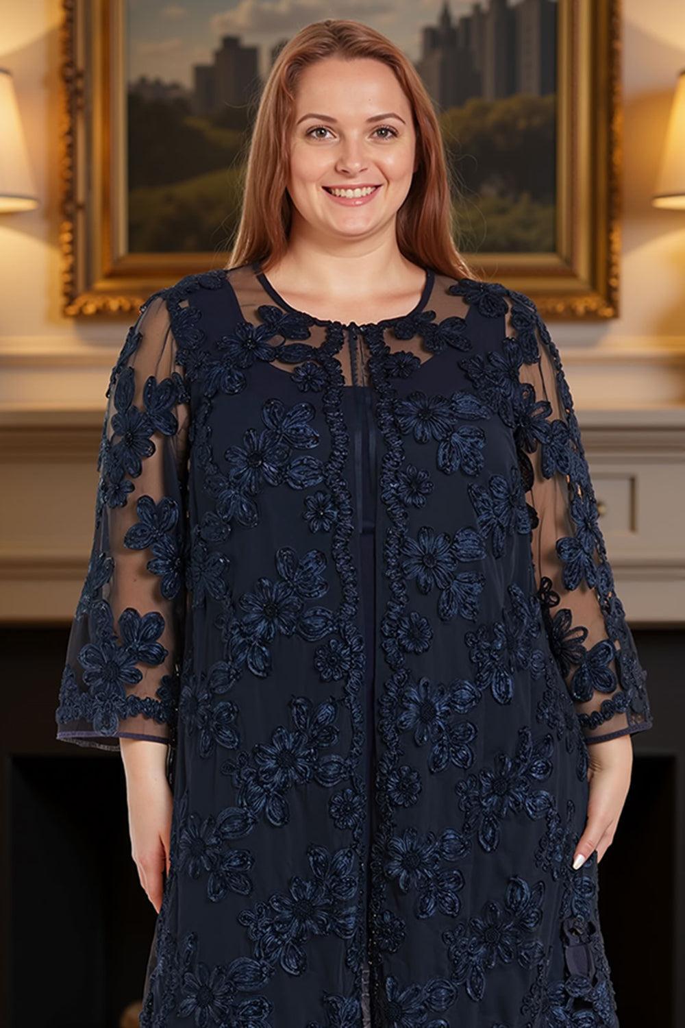 Dreamyannie Navy Lace Floral 3 Piece Plus Size Mother Of The Bride Pant Suits With Jacket