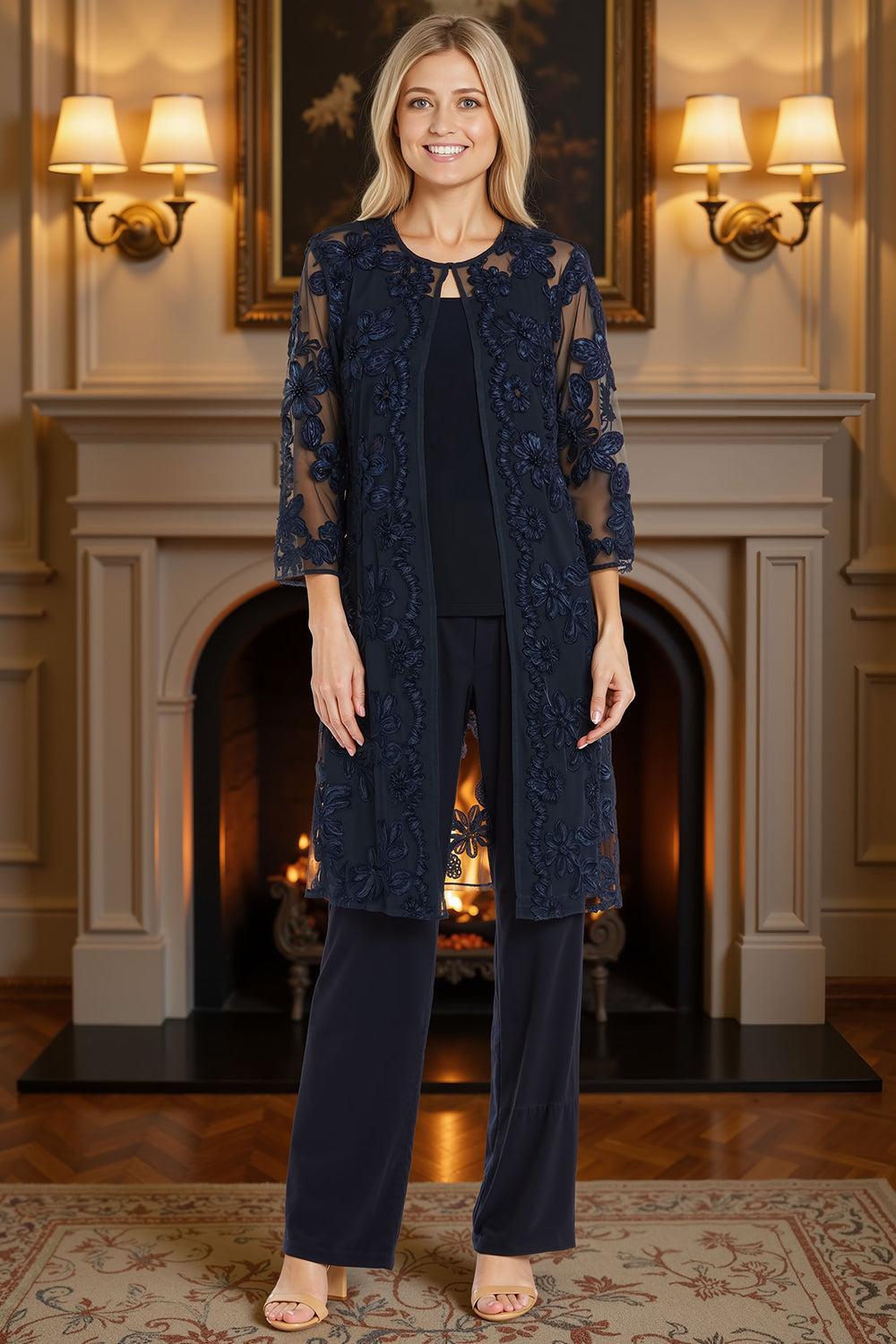 Dreamyannie Navy Lace Floral 3 Piece Plus Size Mother Of The Bride Pant Suits With Jacket