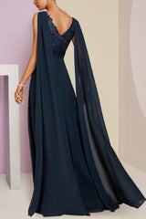Dreamyannie Navy Mother of the Bride Dress A Line V Neck Sequined Sleeveless Chiffon Formal Dress