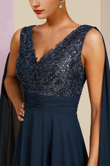 Dreamyannie Navy Mother of the Bride Dress A Line V Neck Sequined Sleeveless Chiffon Formal Dress
