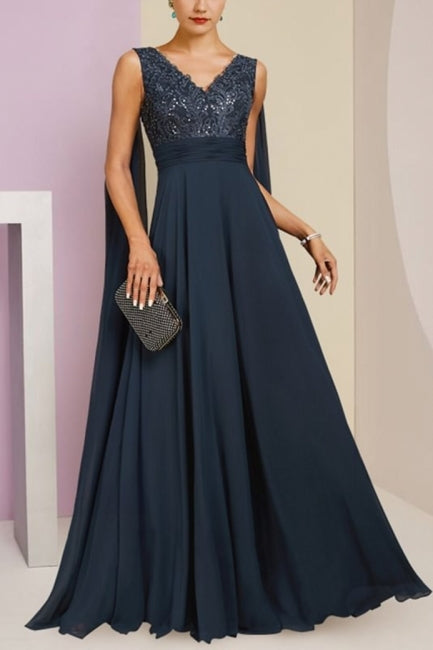 Dreamyannie Navy Mother of the Bride Dress A Line V Neck Sequined Sleeveless Chiffon Formal Dress