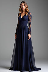 Dreamyannie Navy Mother of the Bride Dress Chiffon V-Neck Long Formal Dress With Long Sleeves