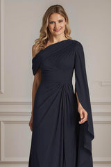 Dreamyannie Navy One Shoulder Sheath Floor Length Mother Of The Bride Dress With Side Cape