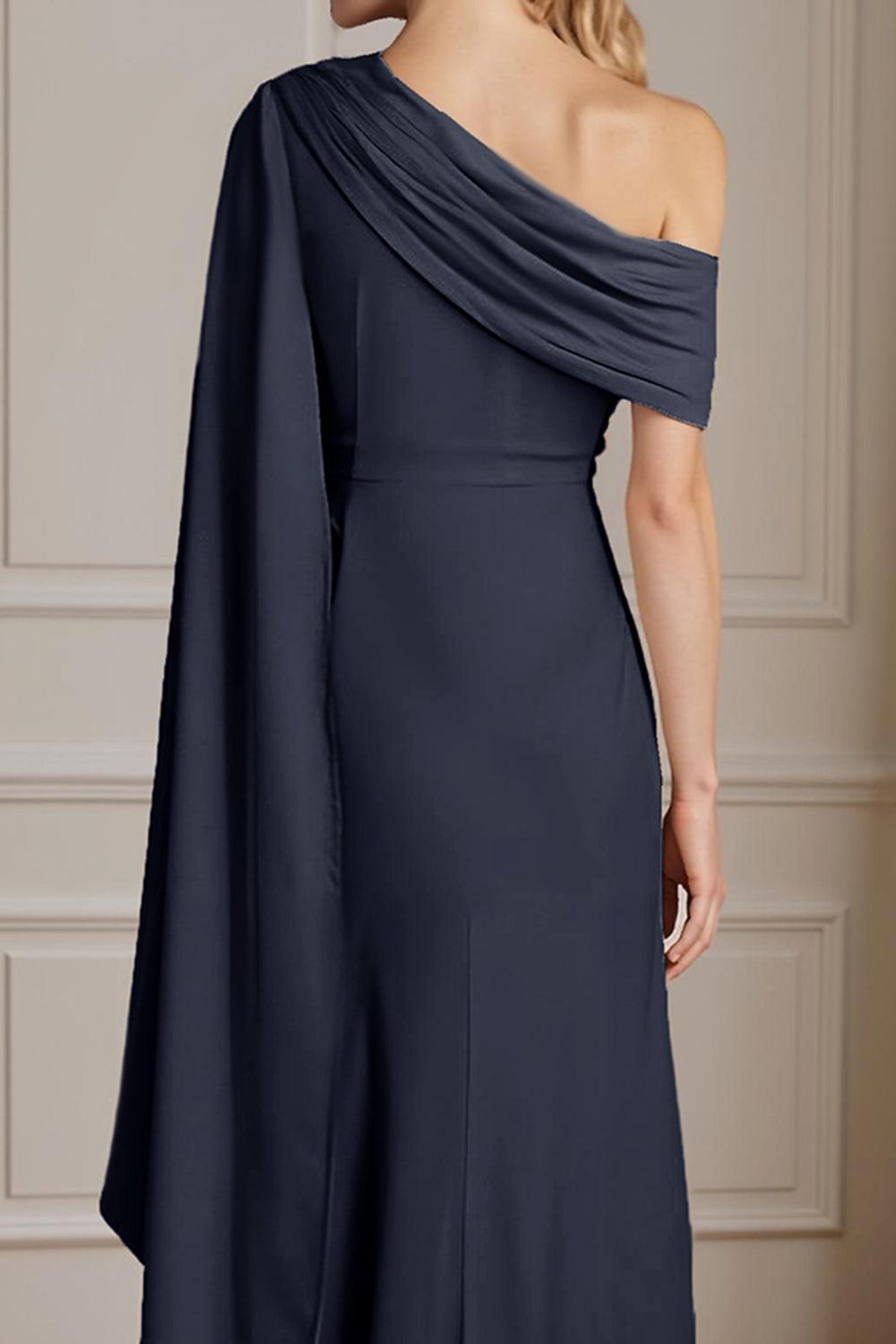 Dreamyannie Navy One Shoulder Sheath Floor Length Mother Of The Bride Dress With Side Cape