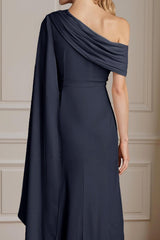 Dreamyannie Navy One Shoulder Sheath Floor Length Mother Of The Bride Dress With Side Cape