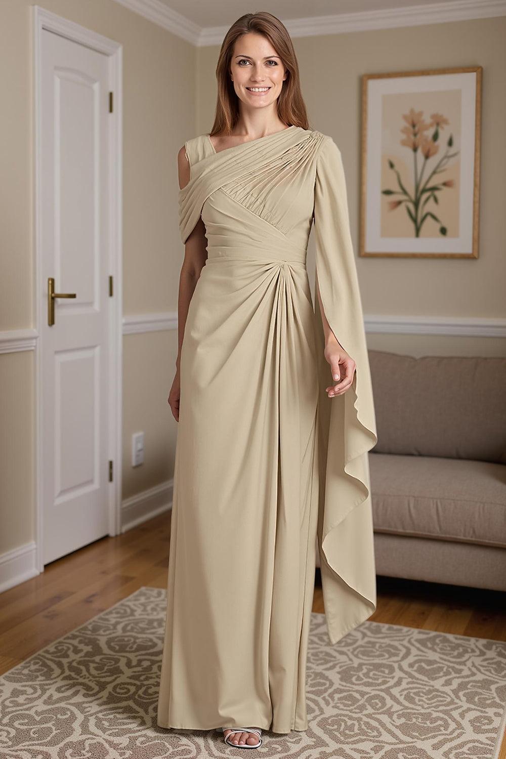 Dreamyannie Navy One Shoulder Sheath Floor Length Mother Of The Bride Dress With Side Cape