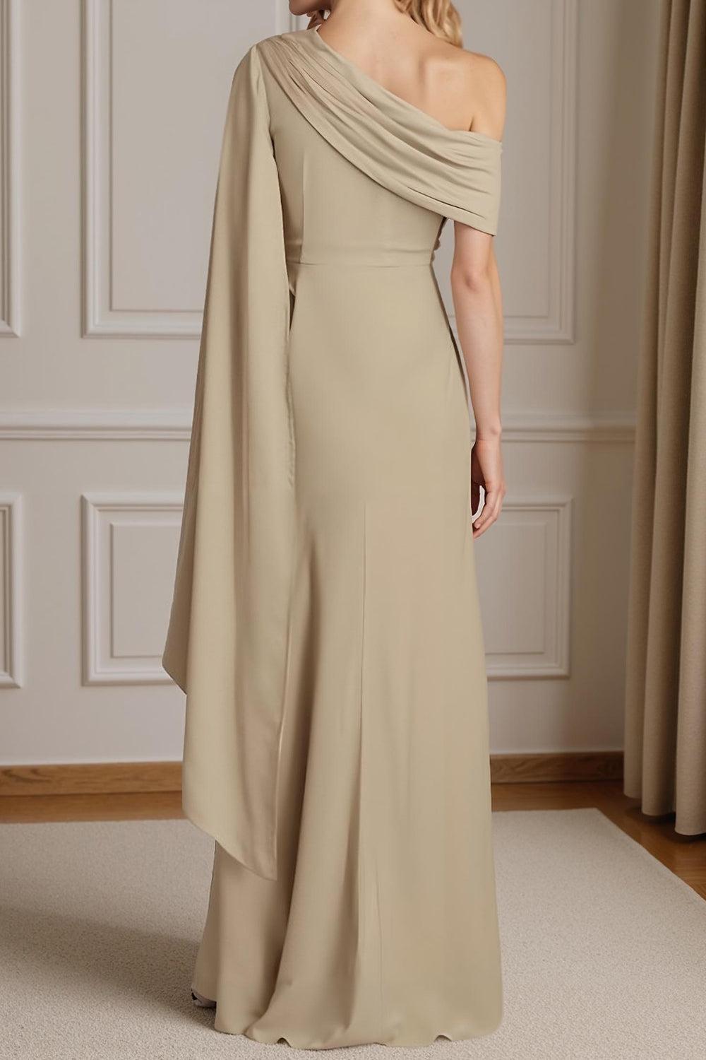Dreamyannie Navy One Shoulder Sheath Floor Length Mother Of The Bride Dress With Side Cape