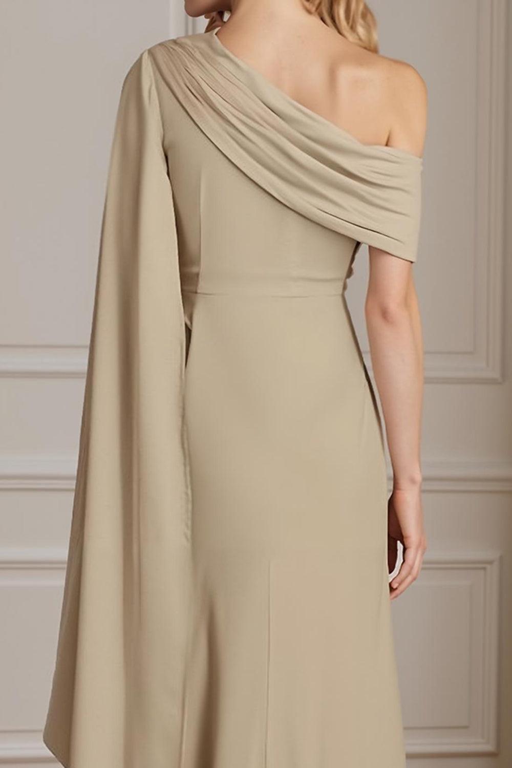 Dreamyannie Navy One Shoulder Sheath Floor Length Mother Of The Bride Dress With Side Cape