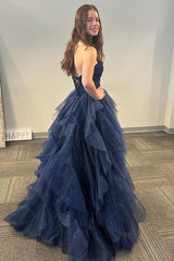 Dreamyannie Navy Prom Dress A-Line Ruffles Sweetheart Long Formal Dress