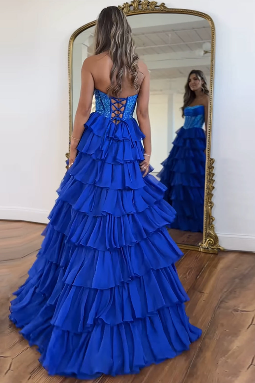 Dreamyannie Navy Prom Dress A Line Strapless Corset Long Chiffon Formal Dress