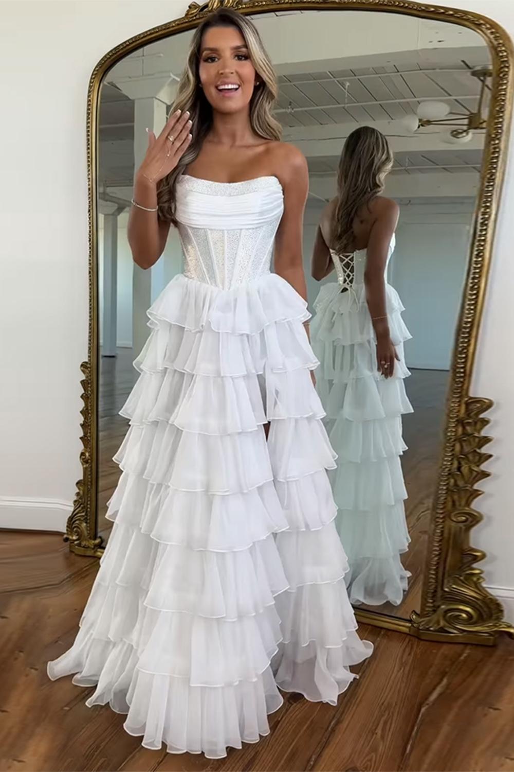 Dreamyannie Navy Prom Dress A Line Strapless Corset Long Chiffon Formal Dress