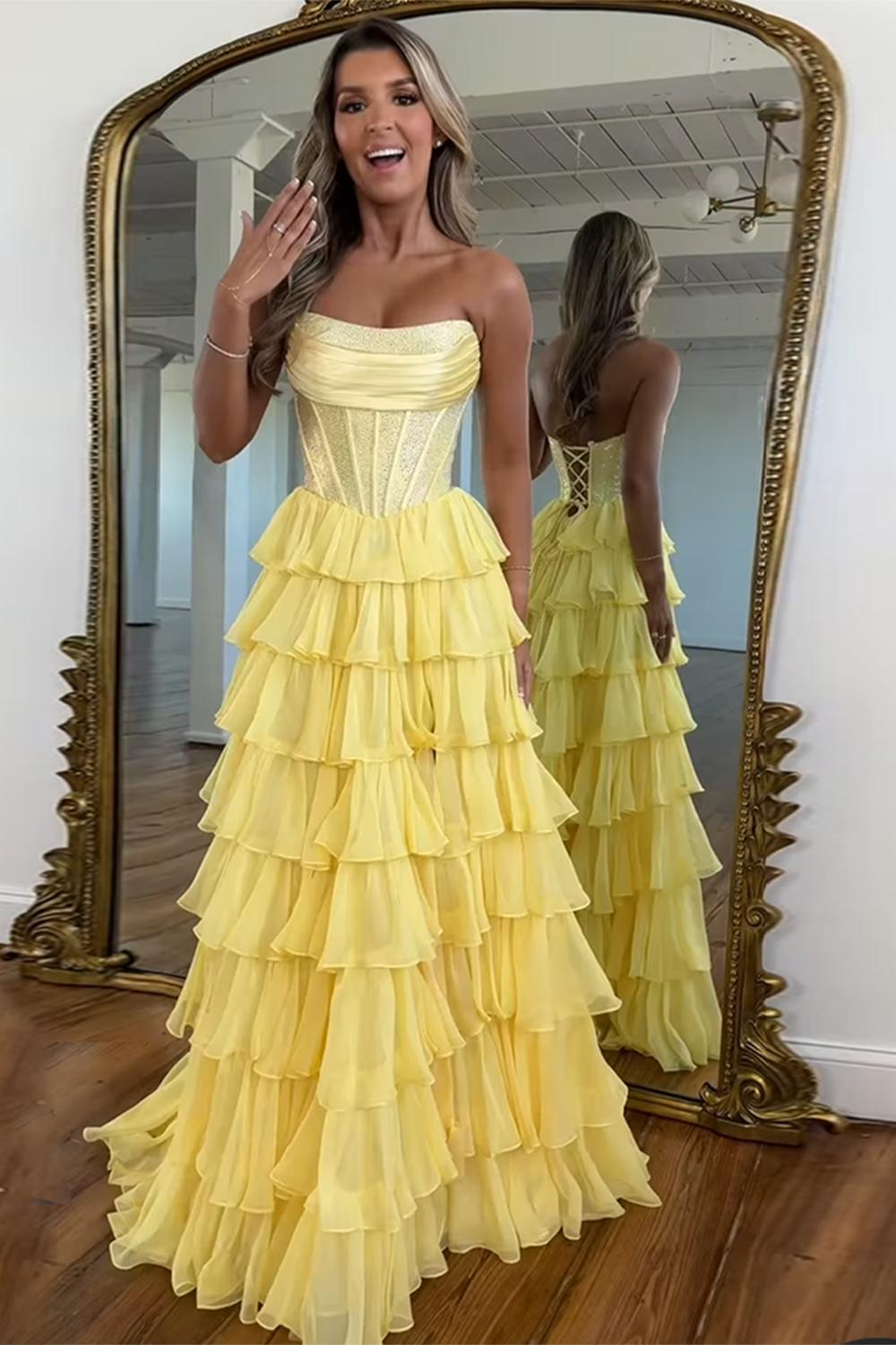 Dreamyannie Navy Prom Dress A Line Strapless Corset Long Chiffon Formal Dress