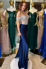Dreamyannie Navy Prom Dress Beaded Mermaid Off The Shoulder Long Formal Dress With Tassels
