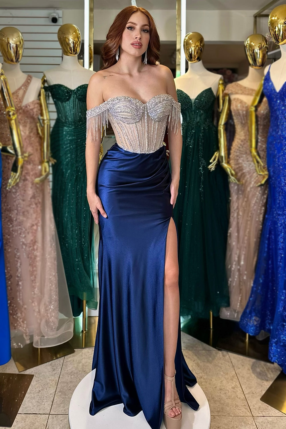 Dreamyannie Navy Prom Dress Beaded Mermaid Off The Shoulder Long Formal Dress With Tassels