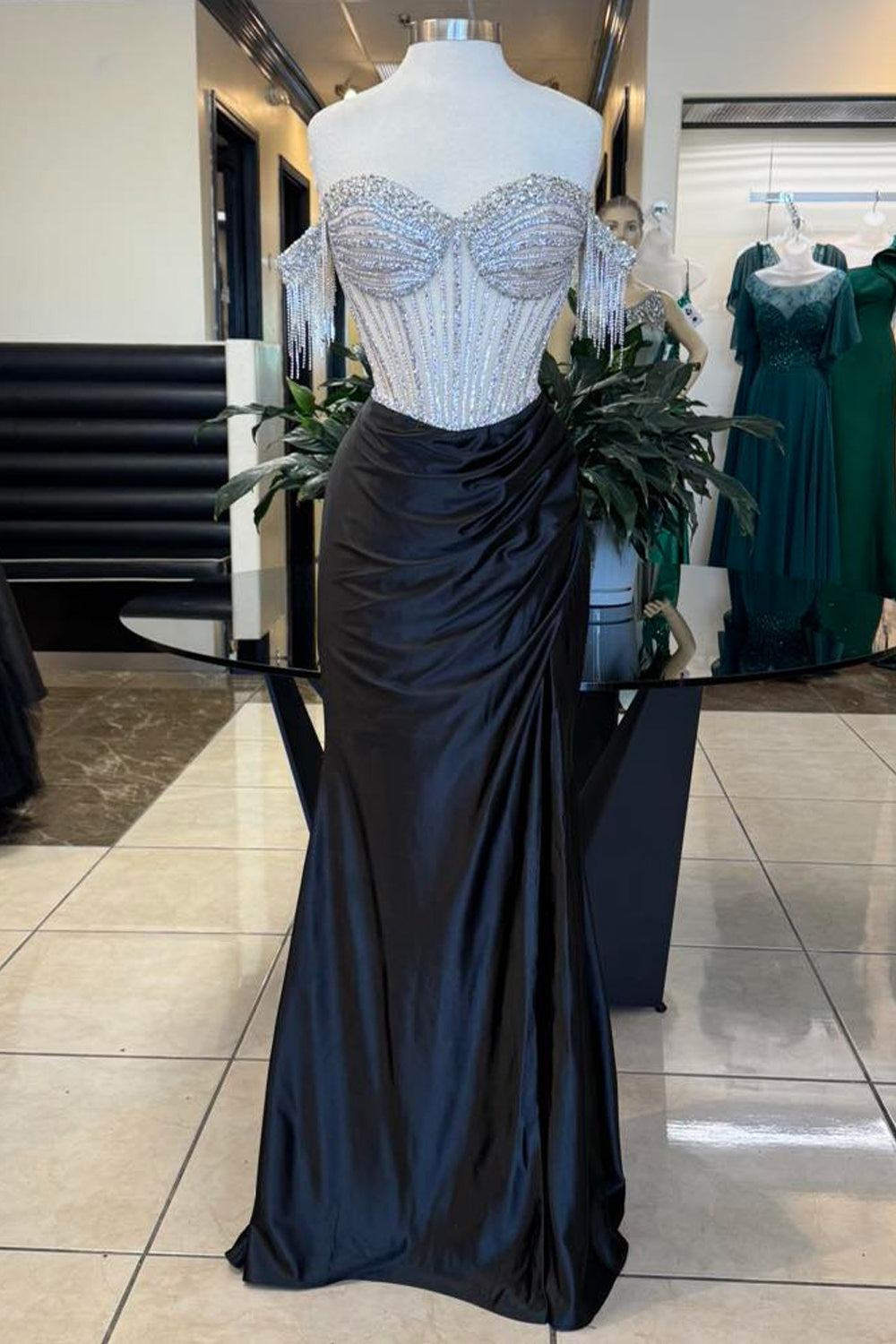 Dreamyannie Navy Prom Dress Beaded Mermaid Off The Shoulder Long Formal Dress With Tassels