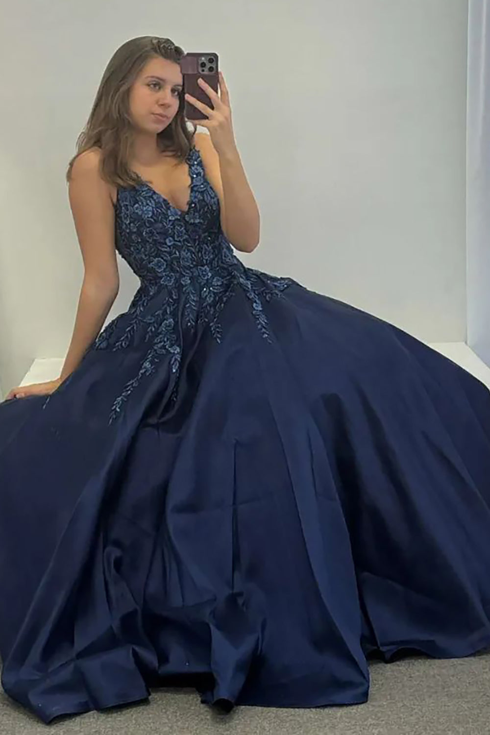Dreamyannie Navy Prom Dress Floral V-Neck Formal Dress With Lace