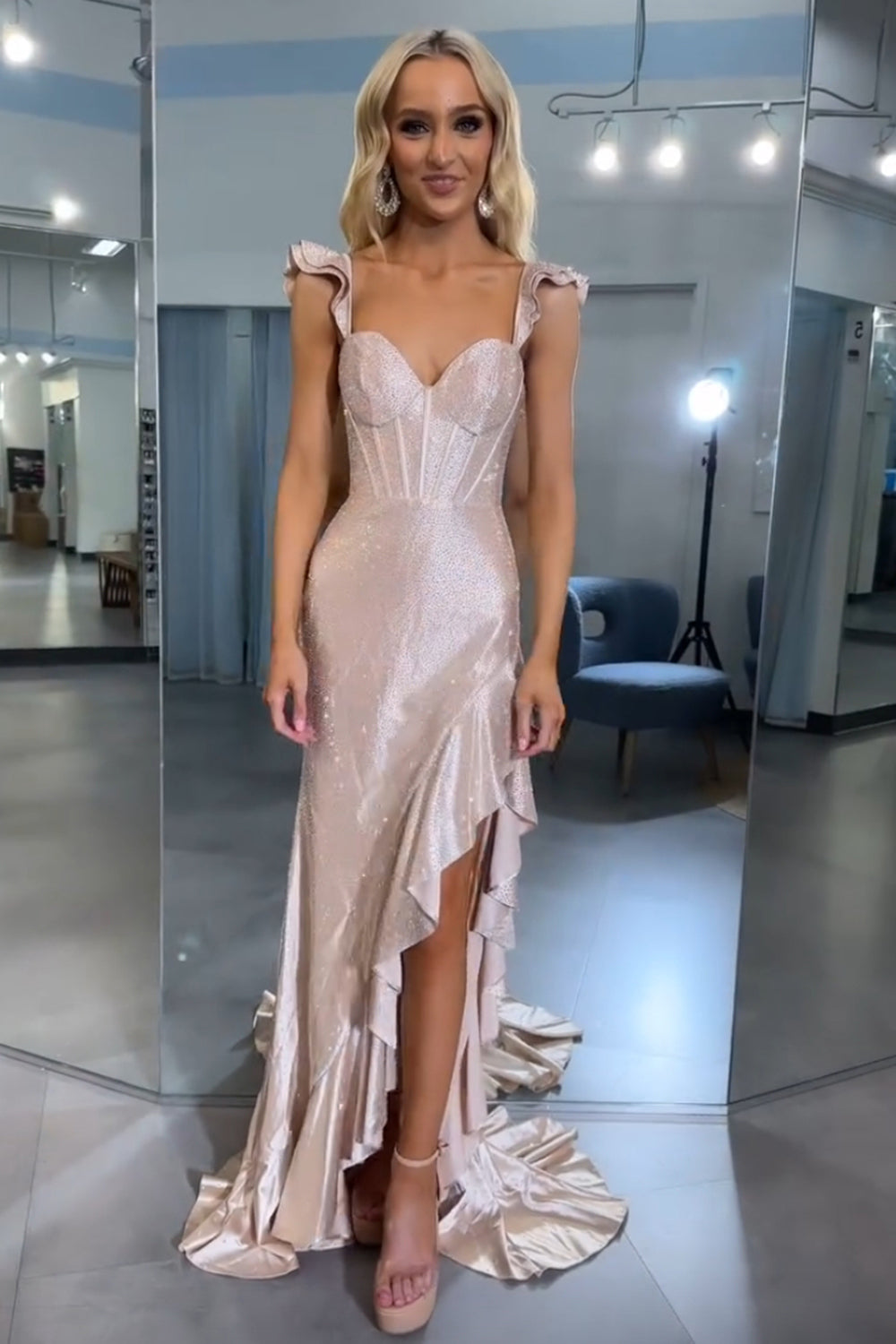 Dreamyannie Navy Prom Dress Mermaid Corset Asymmetrical Formal Dress With Ruffles