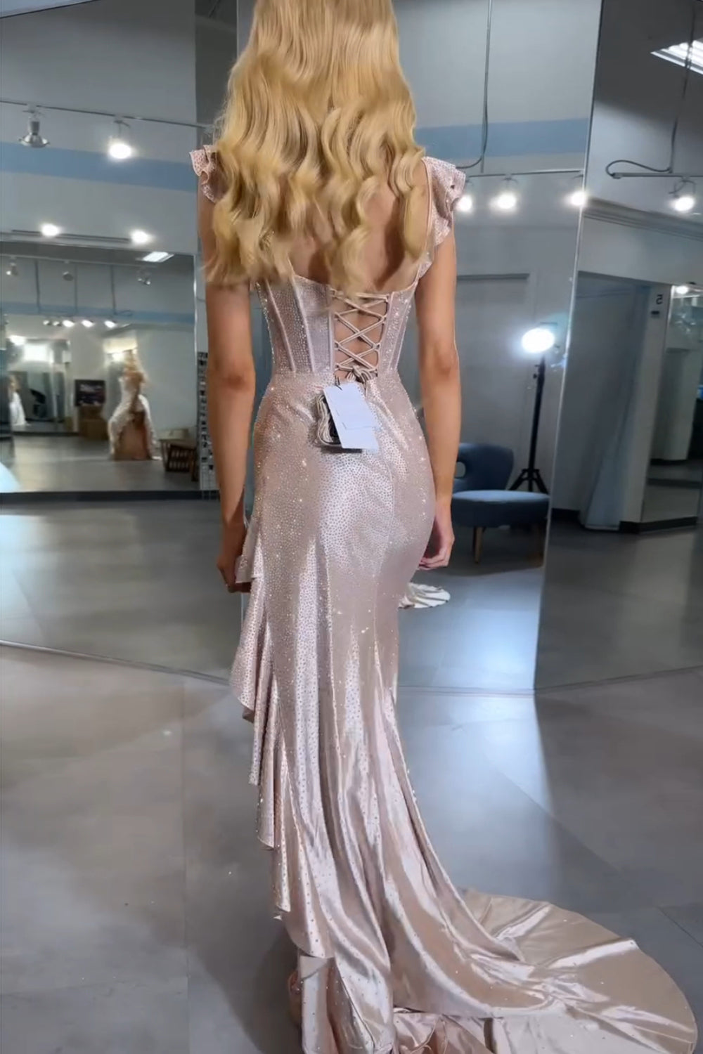 Dreamyannie Navy Prom Dress Mermaid Corset Asymmetrical Formal Dress With Ruffles