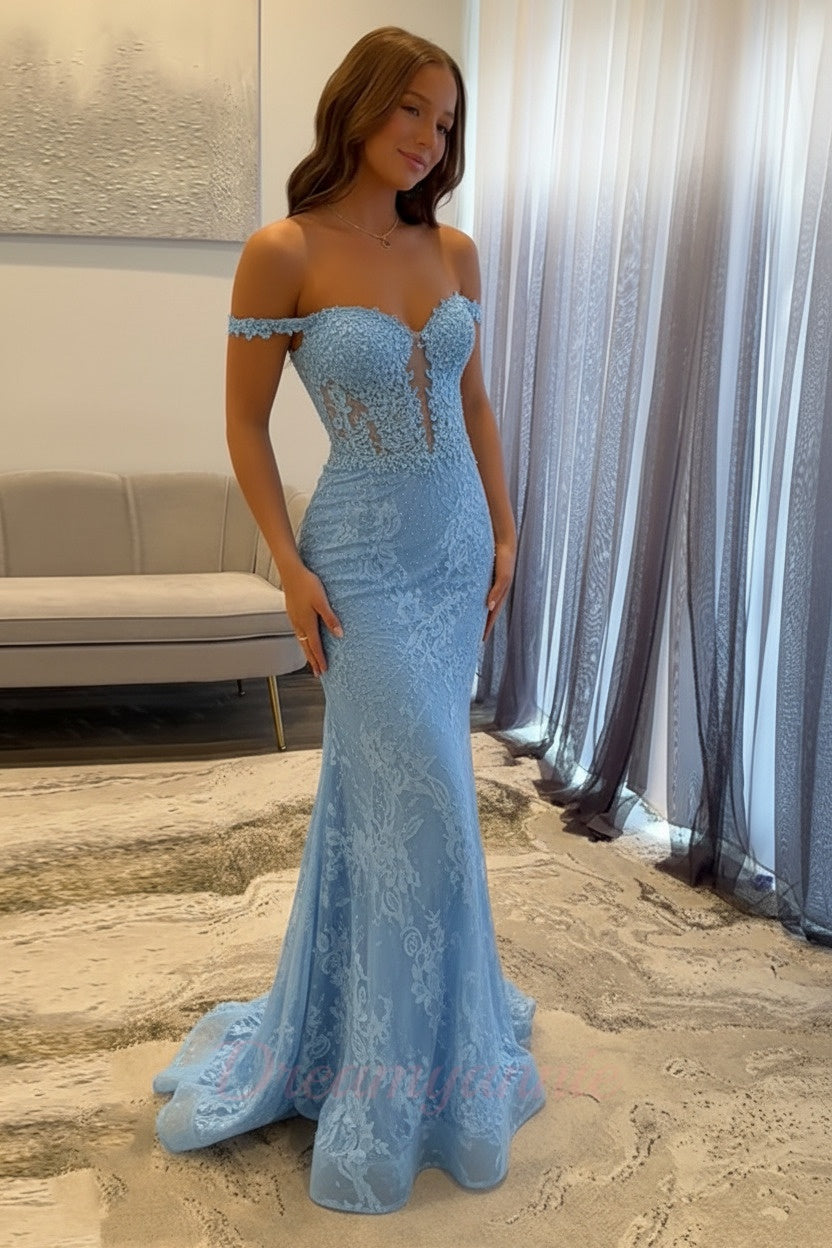 Dreamyannie Navy Prom Dress Off The Shoulder Mermaid Long Lace Formal Dress