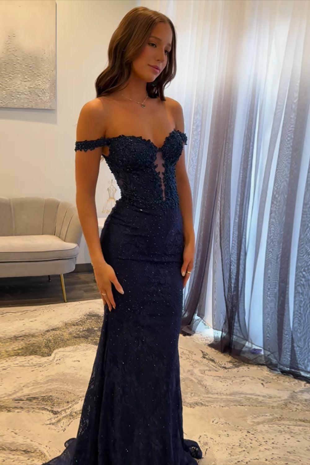 Dreamyannie Navy Prom Dress Off The Shoulder Mermaid Long Lace Formal Dress