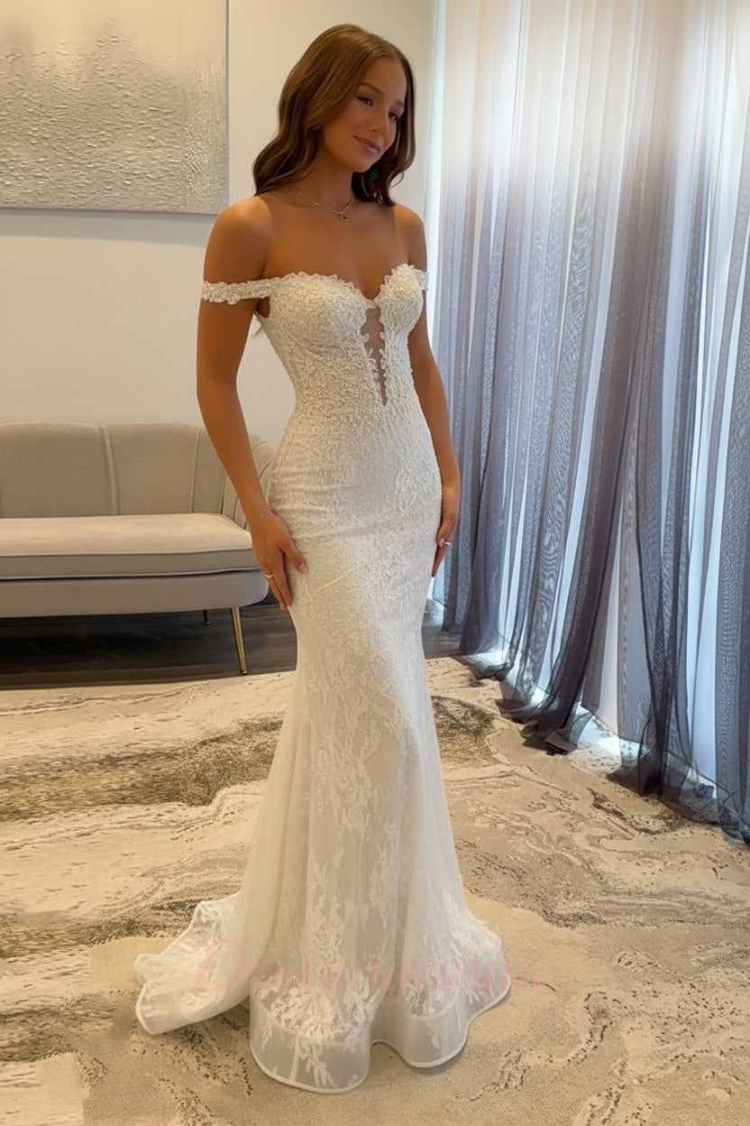 Dreamyannie Navy Prom Dress Off The Shoulder Mermaid Long Lace Formal Dress