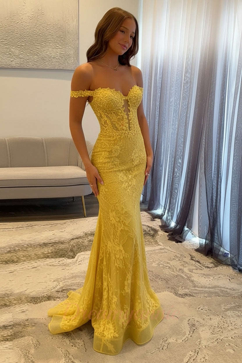 Dreamyannie Navy Prom Dress Off The Shoulder Mermaid Long Lace Formal Dress