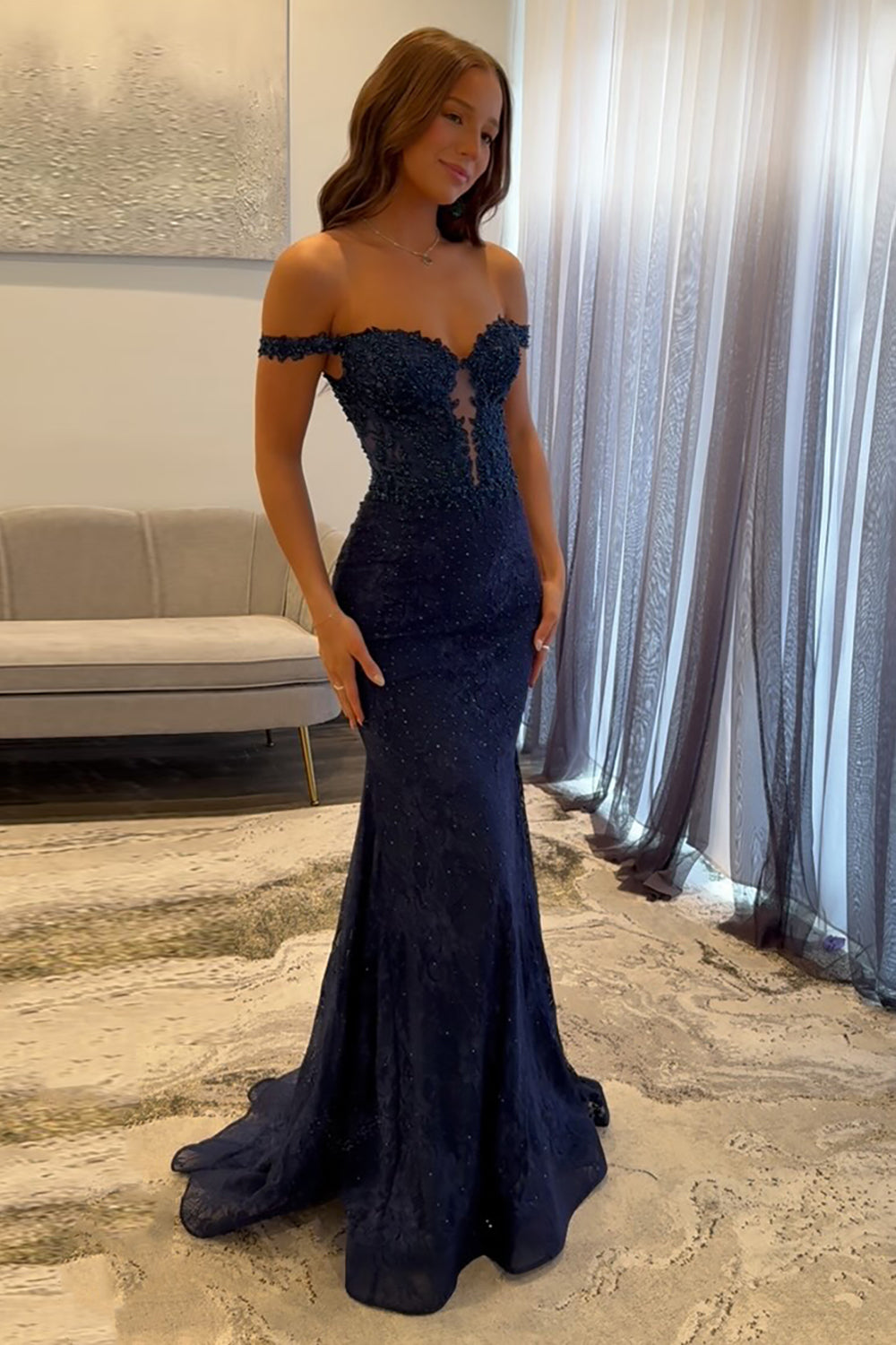 Dreamyannie Navy Prom Dress Off The Shoulder Mermaid Long Lace Formal Dress