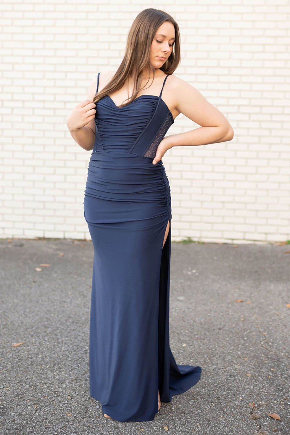 Dreamyannie Navy Prom Dress Rhinestones Corset Mermaid Long Formal Dress With Slit
