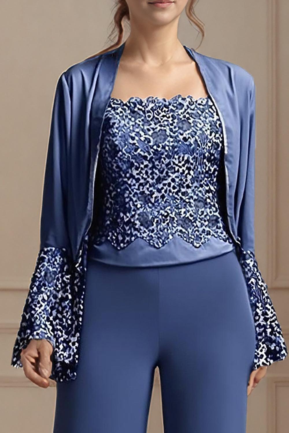 Dreamyannie Navy Square Neck Chiffon 3 Piece Mother Of The Bride Pant Suits With Jacket