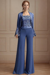 Dreamyannie Navy Square Neck Chiffon 3 Piece Mother Of The Bride Pant Suits With Jacket